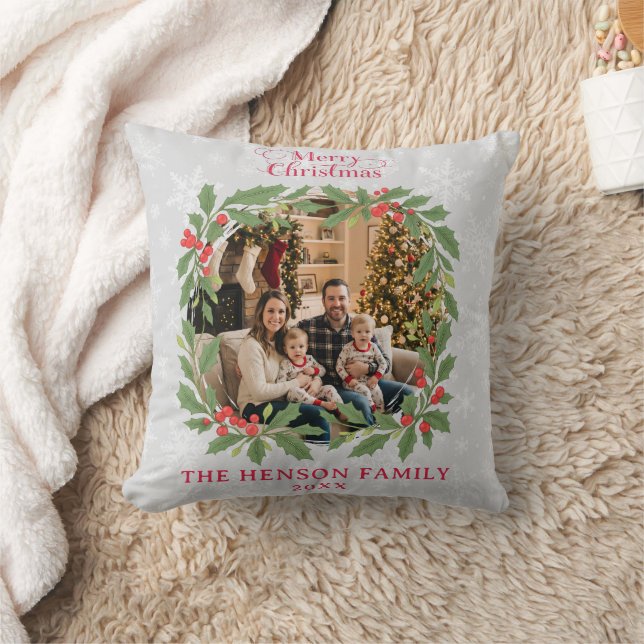 Elegant Holly Wreath Merry Christmas Photo Kudde (Filt)