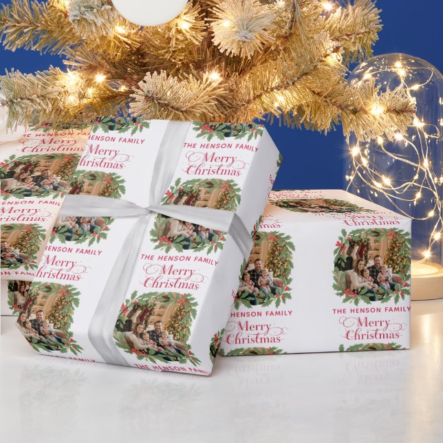 Elegant Holly Wreath Merry Christmas Photo Presentpapper (Helgdagar)