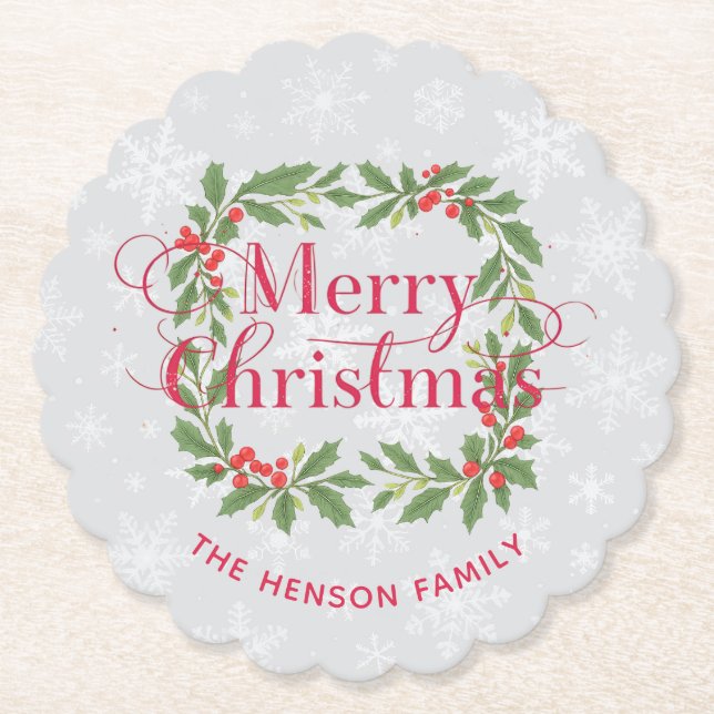 Elegant Holly Wreath Snowflakes Merry Christmas Underlägg Papper (Framsida)
