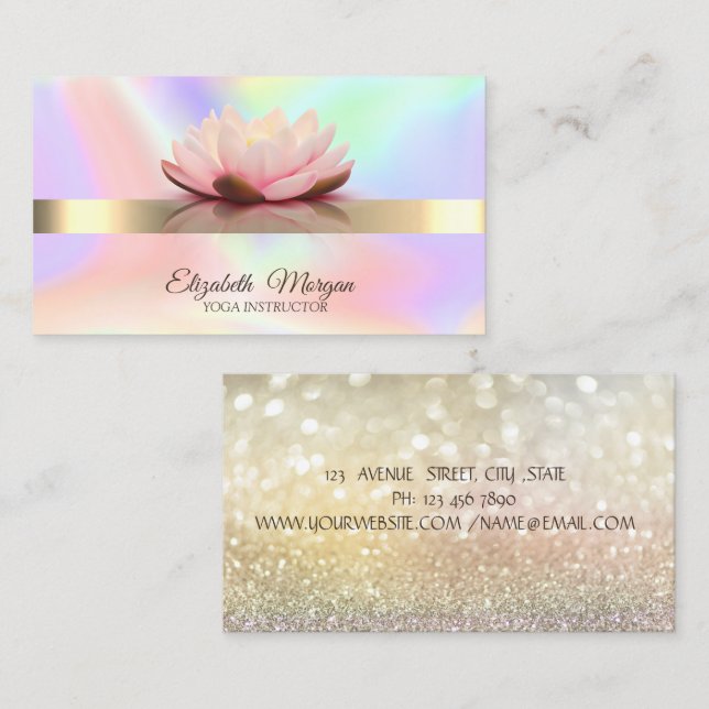 Elegant Holograf,Bokeh Guld, Lotus Flower Yoga Visitkort (Fram/baksida)