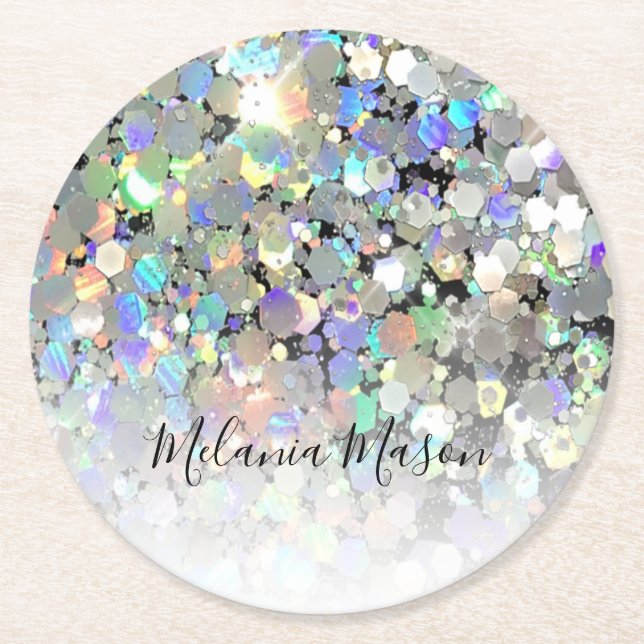 Elegant Holograf Glitter Anpassningsbar Modern Underlägg Papper Rund (Framsidan)