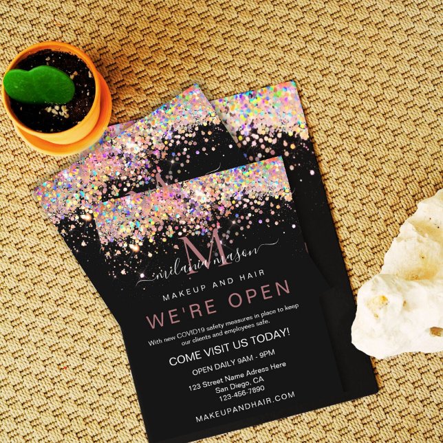 Elegant Holograf Glitter Vi är Open Salon Black Flygblad (Skapare uppladdad)