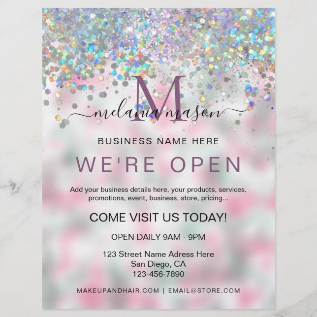 Elegant Holograf Glitter Vi är Open Salon Reklamblad (Framsidan)