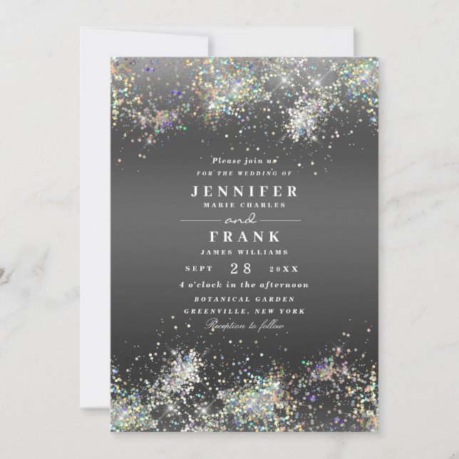 Elegant Holografik Sparkly Glitter Metallic Black Inbjudningar (Framsida)