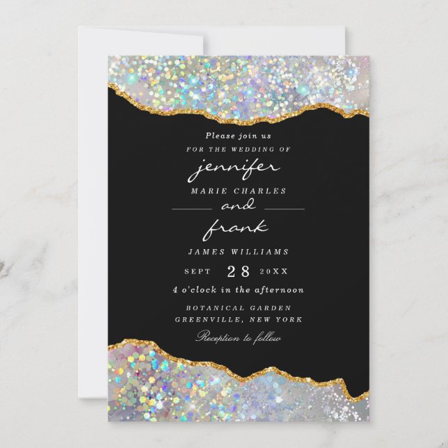 Elegant Holografisk Glitter Gnistra Agate Black Inbjudningar (Framsida)