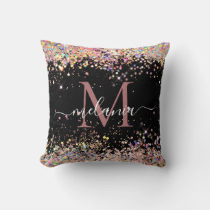 Elegant holografisk glitter monogramnamn svart kudde