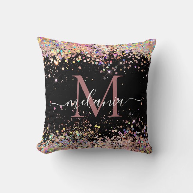 Elegant holografisk glitter monogramnamn svart kudde (Framsida)