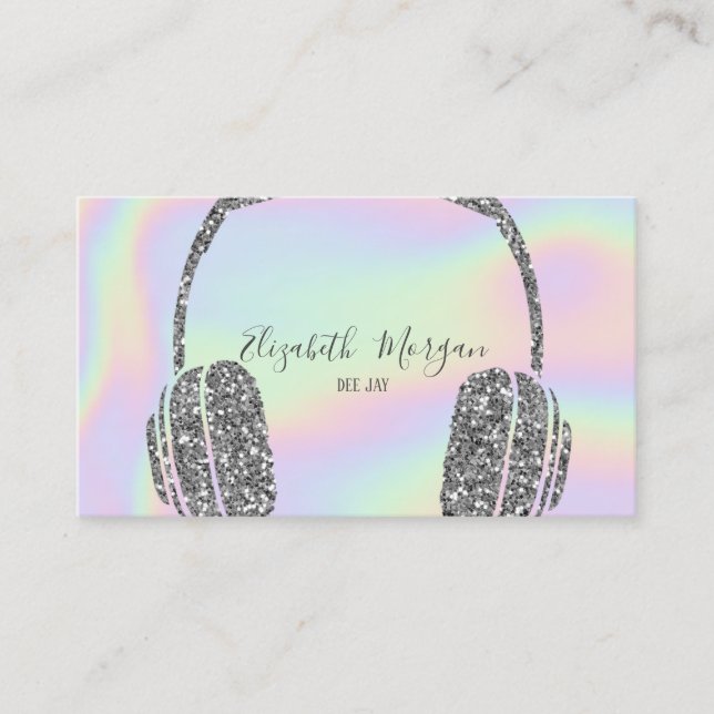 Elegant HoloGraph Silver Glitter Headphone DJ Visitkort (Framsida)