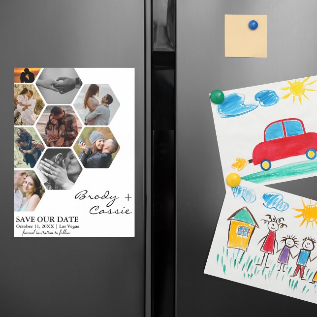 Elegant Honeycomb Photo Bröllop spara datum Magnetisk Inbjudningskort (Skapare uppladdad)