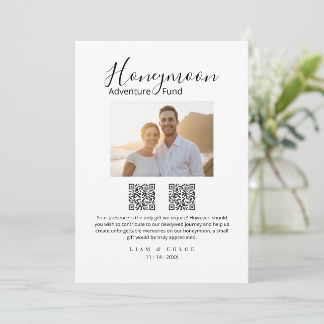 Elegant Honeymoon Fund QR Code Wedding Sign photo Inbjudningar (Stående Fram)