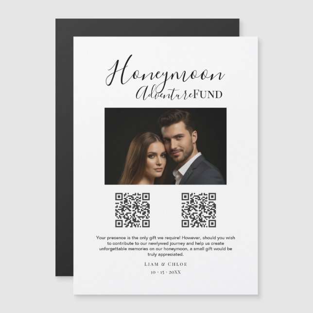 Elegant Honeymoon Fund QR Code Wedding Sign photo Magnetisk Inbjudningskort (Fram/baksida)