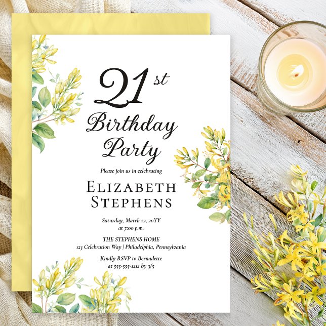 Elegant Honeysuckle 21-års födelsedag Gul Blomma Inbjudningar (Elegant honeysuckle 21st birthday invitation with soft yellow floral design)