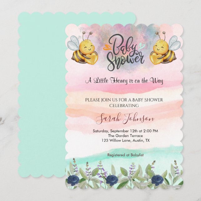 Elegant honungsbi baby shower inbjudan (Fram/baksida)