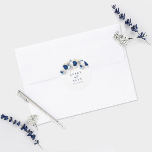 Elegant Horizon Blue & White Blommigt Bröllop Runt Klistermärke