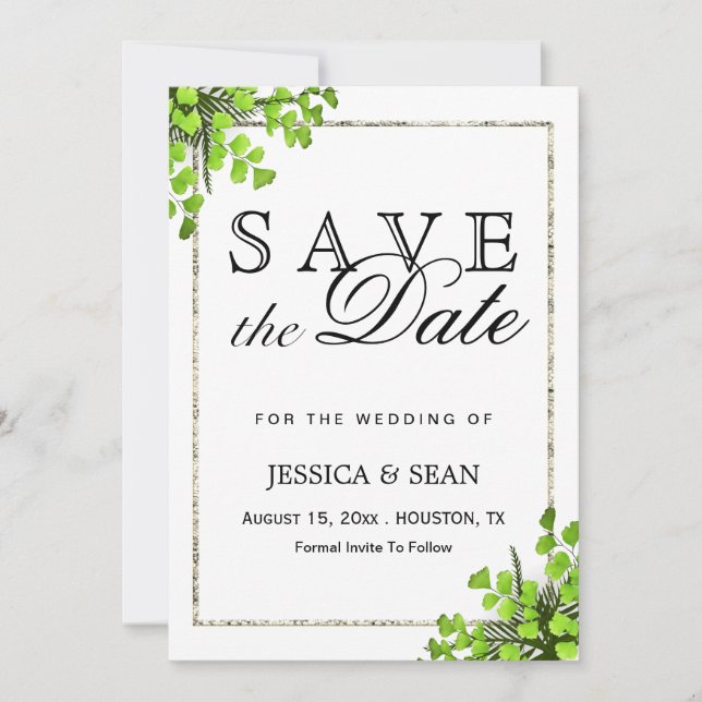 Elegant hörn Fern dekoration Bröllop Spara Datumet (Framsida)