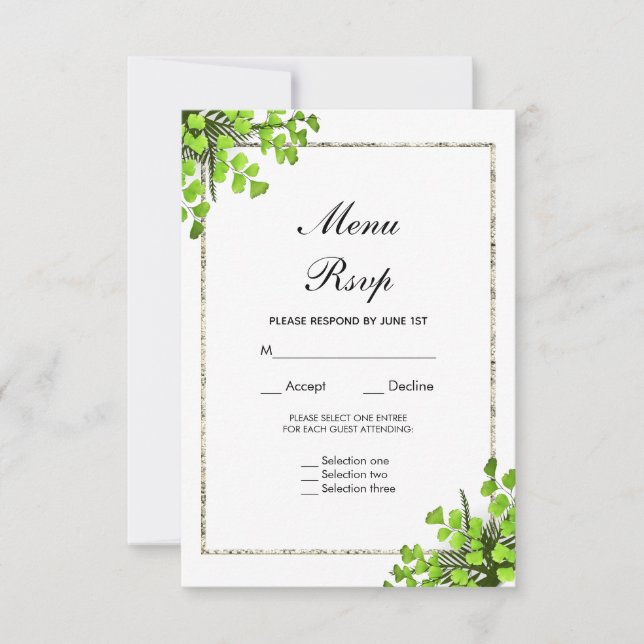 Elegant hörn Fern dekoration Bröllopsmeny RSVP OSA Kort (Framsida)