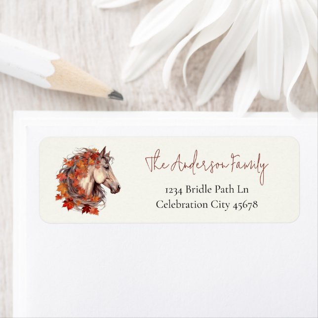 Elegant Horse Equestrian Fall Foliage Adress Returadress Etikett (Insitu)