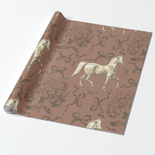 Elegant Horse Hydrangea Bows Beige Brown Toile Presentpapper (Utrullad)