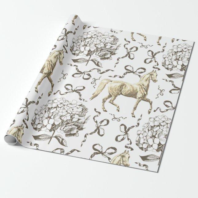 Elegant Horse Hydrangea Bows Beige White Toile Presentpapper (Utrullad)