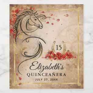 Elegant Horse Red and Guld Parchment Papper Vinflaska Etikett