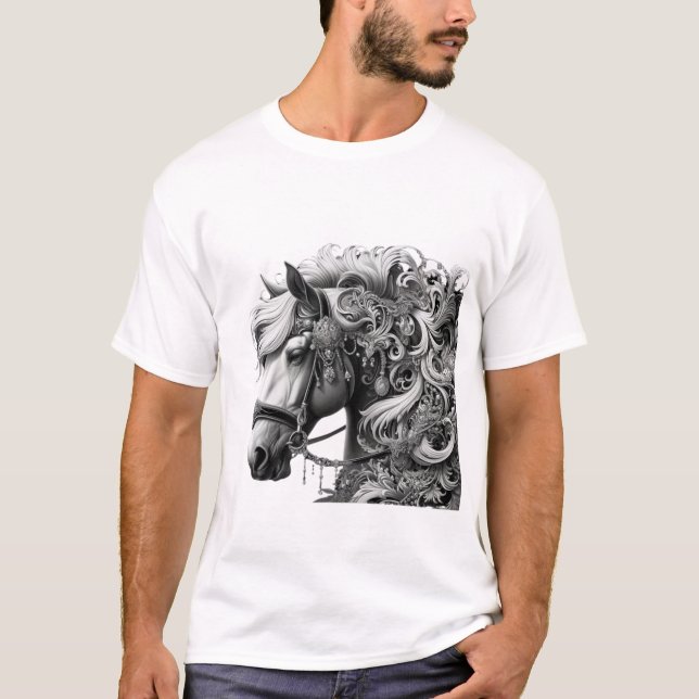Elegant Horse with Ornamental Details - Black and  T Shirt (Framsida)