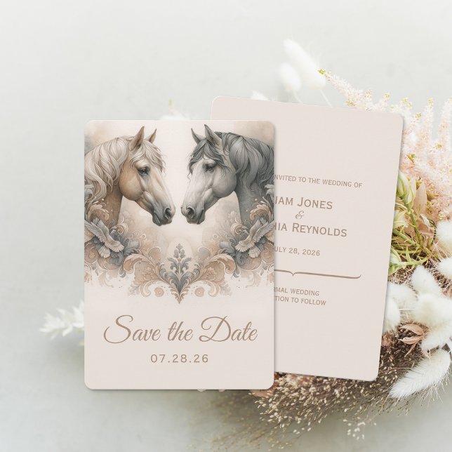 Elegant Horses Bröllop spara datum Card Spara Datumet (Elegant Horses Wedding Save The Date Card (front and back))