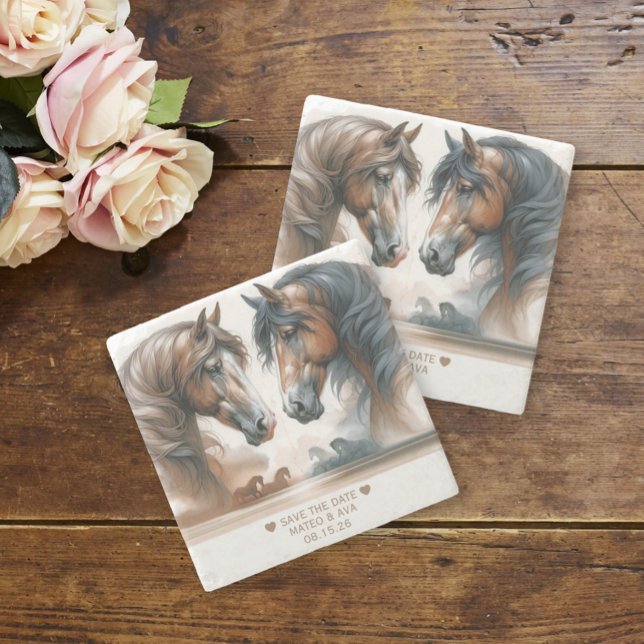 Elegant Horses Bröllop spara datum Stone Underlägg (Elegant Horses Wedding Save the Date Stone Coaster (multiple shown))