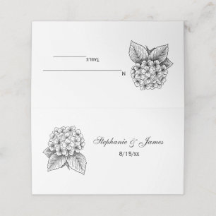Elegant hortensia bukett bröllopsparet placeringskort