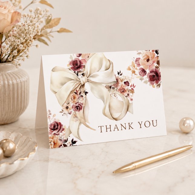 Elegant höst akvarell blomsterbåge baby shower  tack kort (Elegant Fall Floral Bow Baby Shower Thank you card)
