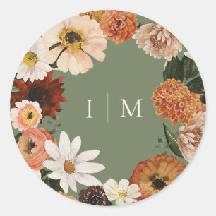 Elegant höst Boho Wildflower Bröllopsmonogram Runt Klistermärke
