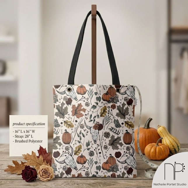 Elegant Höst Ko Skalle Tote Väska (Hand drawn cow skull and fall harvest ink art tote bag with a chic noir aesthetic)