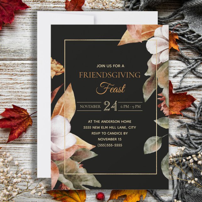 Elegant Höst löv Black Friendsgiving Feast Inbjudningar (Elegant black Friendsgiving Feast invitation)