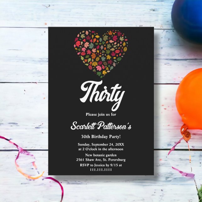 Elegant Höst löv Boho Heart Black 30års födelsedag Inbjudningar (Skapare uppladdad)