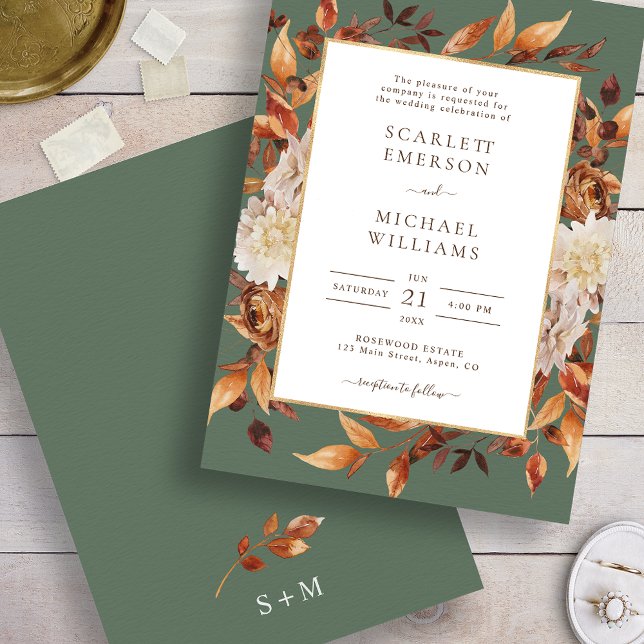 Elegant Höst löv bröllopsinbjudan Inbjudningar (Sage Green Elegant Fall Leaves Wedding Invitation
)