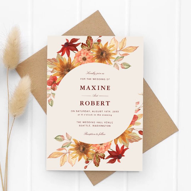Elegant Höst Löv Höst Bröllop Inbjudningar (Elegant fall leaves wedding invitation brings cozy autumn romance to your special day.)