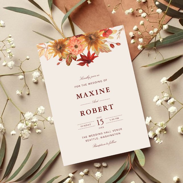 Elegant Höst Löv Höst Bröllop Inbjudningar (Autumn wedding invitation with elegant fall leaves adds warmth to your special day.)