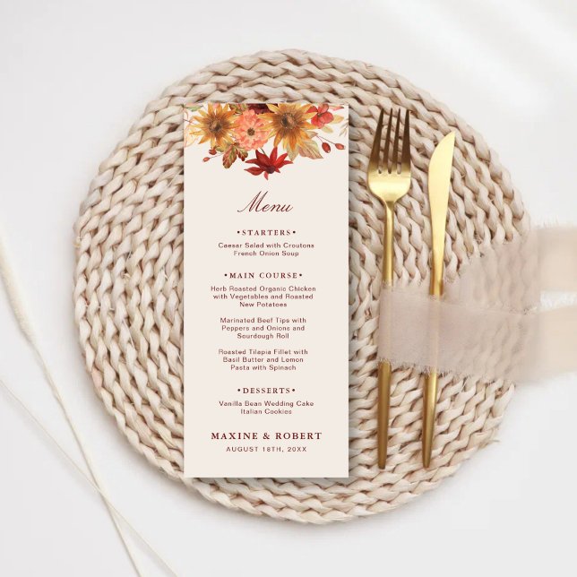 Elegant Höst Löv Höst Bröllop Meny (Elegant fall leaves autumn wedding menu with warm seasonal charm.)