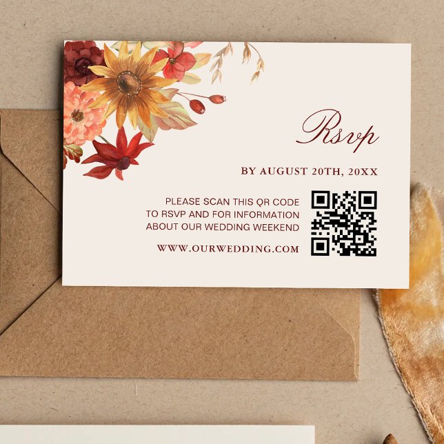 Elegant Höst Löv Höst QR-kod Bröllop OSA Kort (Elegant fall leaves autumn QR code wedding RSVP card with warm autumn charm.)