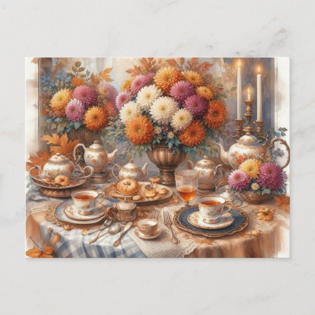 Elegant höst-teaparti akvarell  vykort (Framsida)