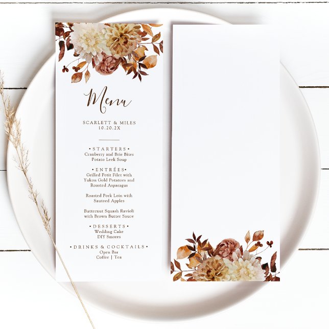Elegant höst-terrakotta-vattenfärgbröllop meny (Elegant Fall Terracotta Watercolor  Floral Wedding Menu by Painted Paperie
)