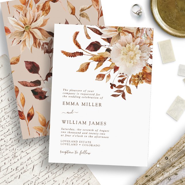 Elegant Höst Vattenfärg Blommig Bröllop Inbjudningar (Elegant Fall Watercolor Floral Wedding Invitation by Painted Paperie)