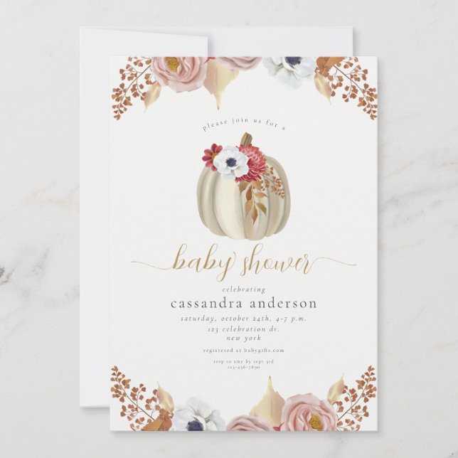 Elegant höst vattenfärg blomsterpumpa baby shower inbjudningar (Framsida)
