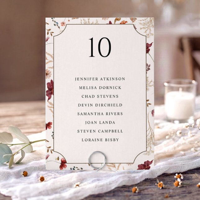 Elegant Höst Vildblomma Bröllop Placeringsplan Kor Inbjudningar (Fall wedding seating chart card with table number, guest names and watercolor wildflower border)