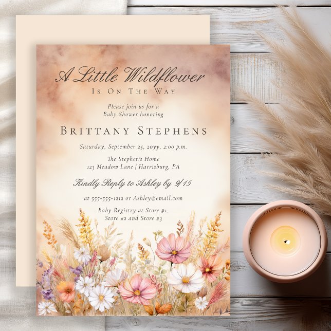 Elegant höstäng vildblomma baby shower inbjudningar (Elegant autumn meadow baby shower invitation with watercolor cosmos and seasonal botanicals)