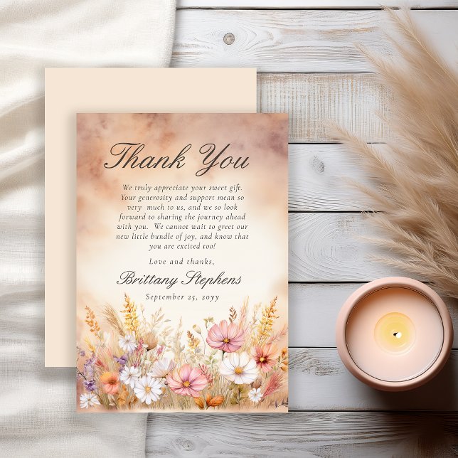 Elegant höstäng vildblomma baby shower tack kort (Elegant autumn meadow baby shower thank you card with watercolor cosmos and seasonal botanicals)