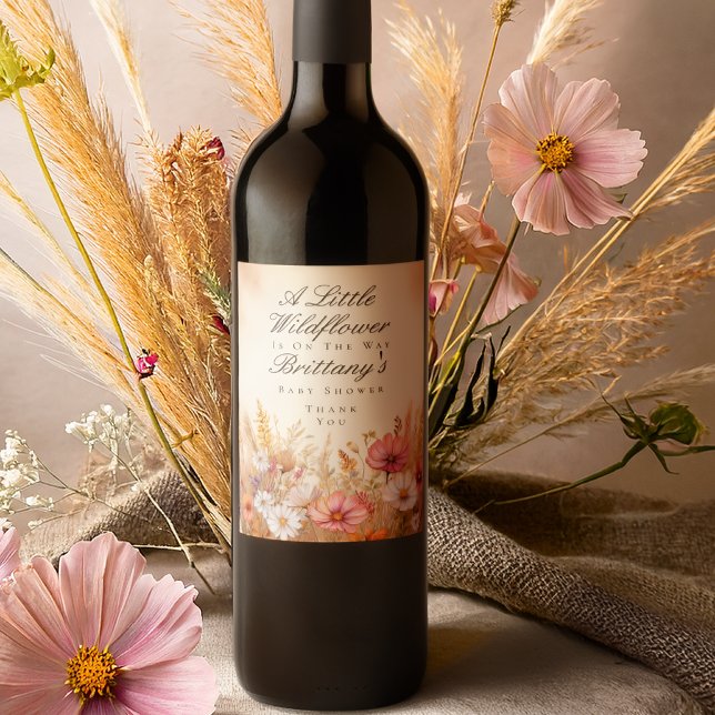 Elegant höstäng vildblomma baby shower  vinflaska etikett (Elegant autumn meadow baby shower wine bottle label with watercolor cosmos and botanicals)