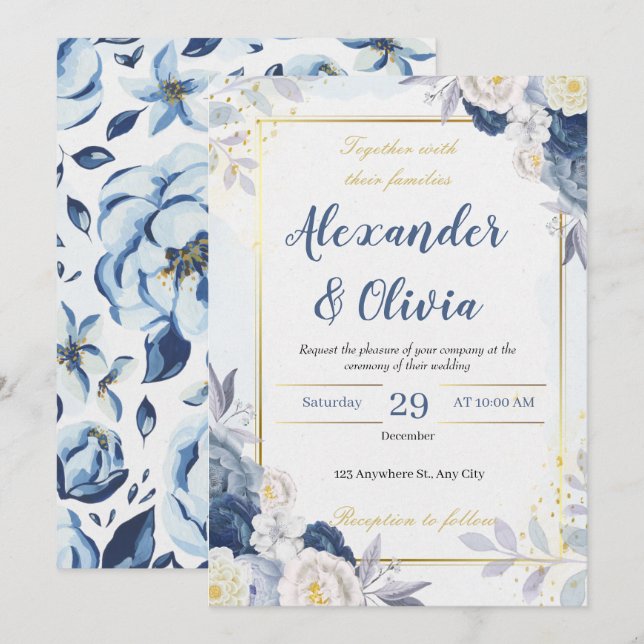 elegant höstblå och blomsterbröllop inbjudningar (Fram/baksida)