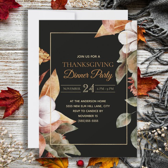 Elegant Höstblad Svart Thanksgiving Middag Inbjudningar (Elegant black Thanksgiving dinner party invitation)