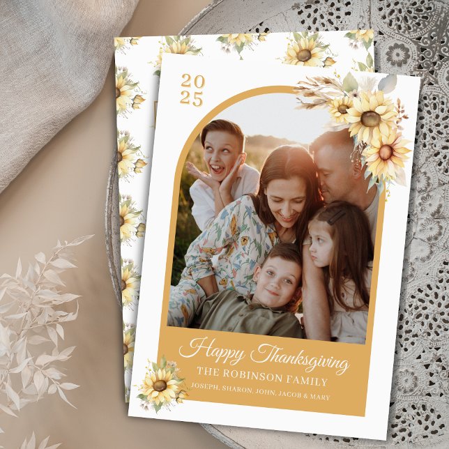 Elegant Höstblomma Happy thanksgiving Julkort (Elegant gold sunflowers watercolor floral personalized Happy Thanksgiving card with arch photo notes)