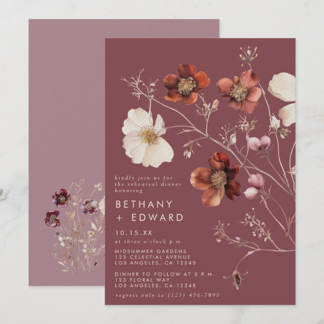Elegant höstblomma Mauve-övernattningsmiddag Inbjudningar (Fram/baksida)